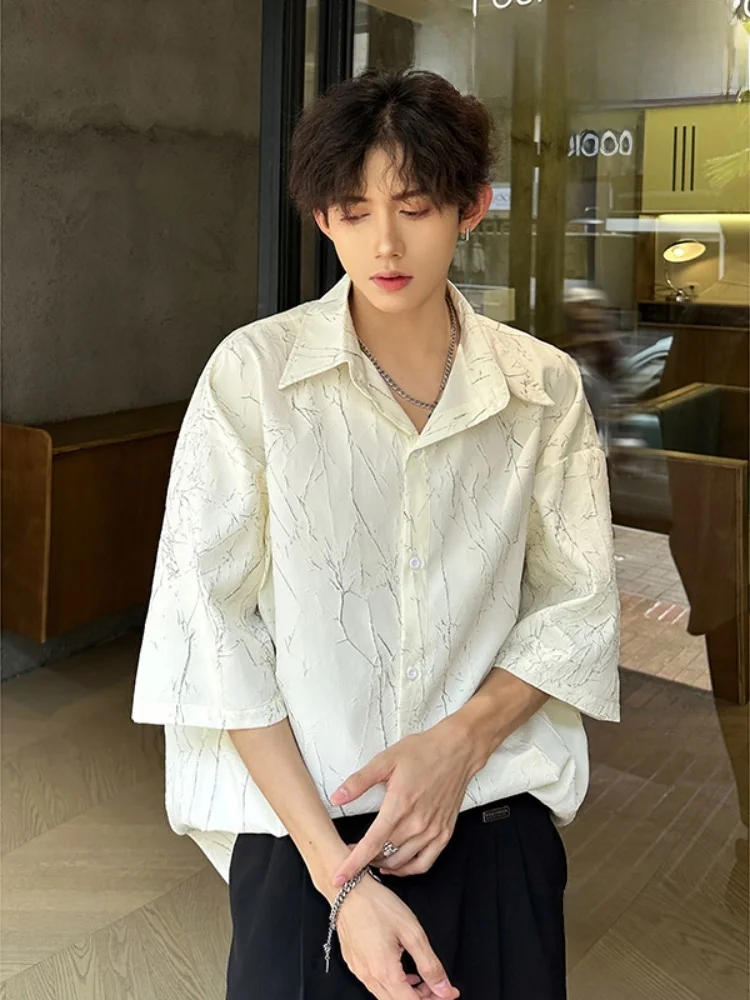 

Textured Short Sleeve Men's Shirt Loose Fit Half Sleeve Design Summer Fashionable Casual Top Ice Silk Fabric Flat Iron Ready