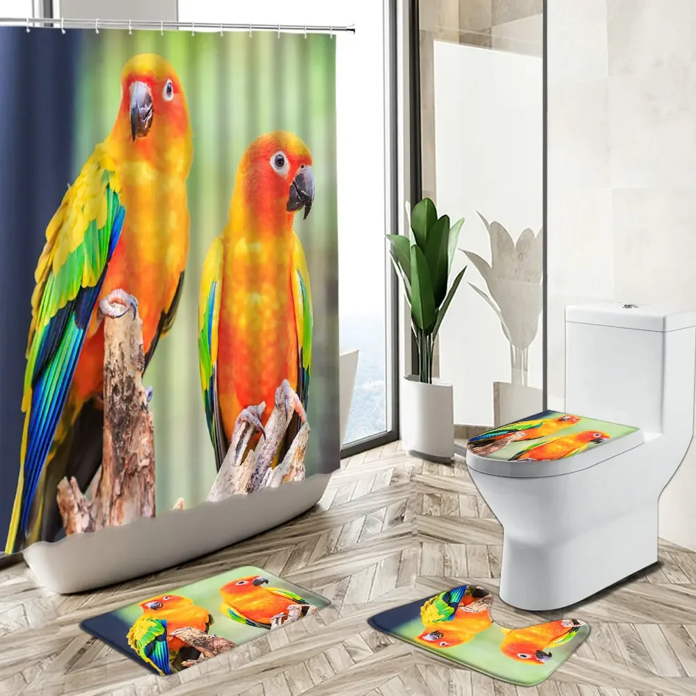 Couple Parrot Shower Curtain Bird Animal Summer Jungle Natural Scenery Bathroom Decor Non-Slip Carpet Toilet Cover Floor Mat Set