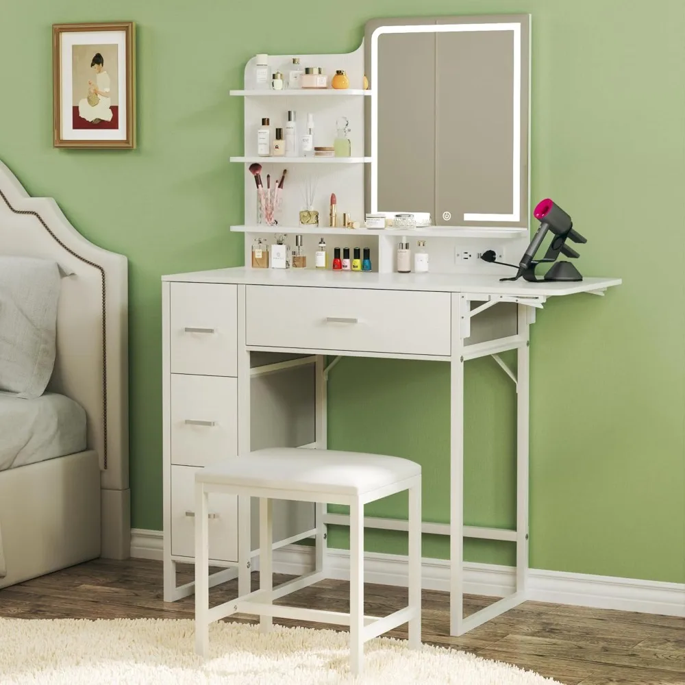 

Makeup Vanity Desk with Mirror and Lights, 36.6" Small Makeup Vanity with 4 Fabric Storage Drawer & Chair & Shelves