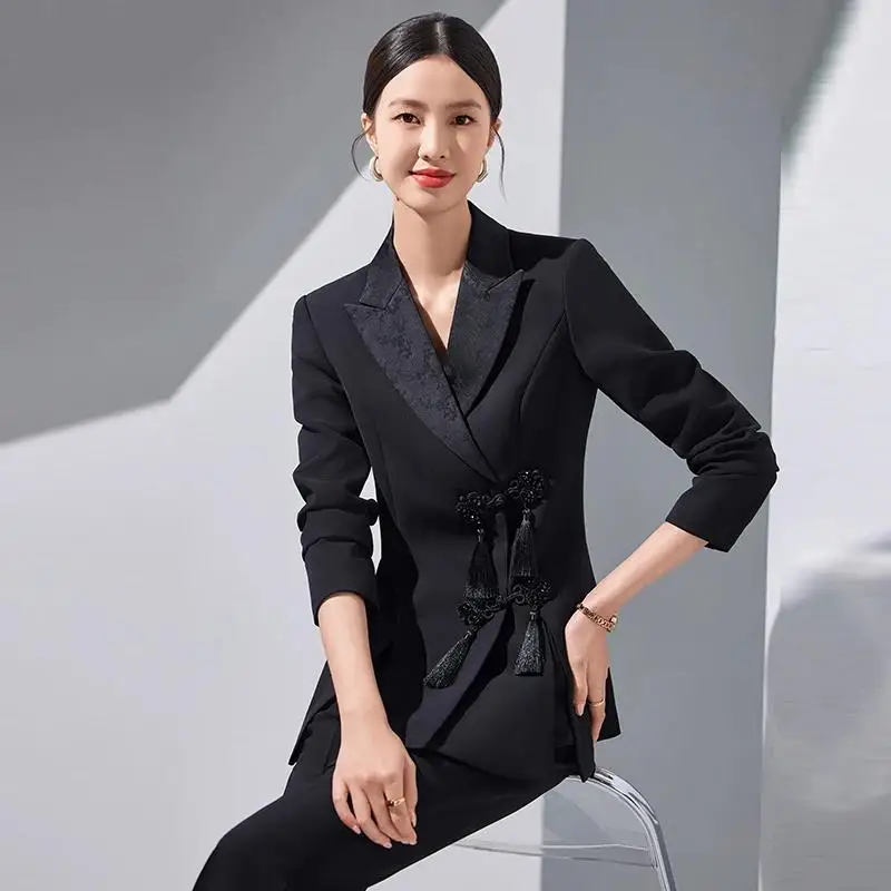 Chinese Style Women Jacket Pant Sets Two Piece Elegant White Black Outfit Business Formal Blazer Suits Trousers Office Lady