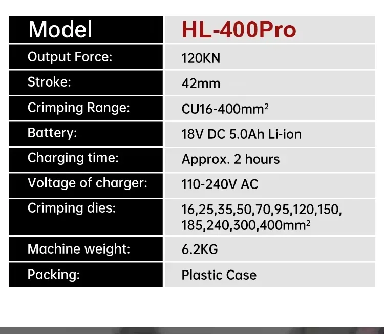 HEWLEE HL-400Pro Portable Hydraulic Crimper Tool Crimping Pliers Battery Powered Hydraulic Wire Cable Lug Crimping Tool