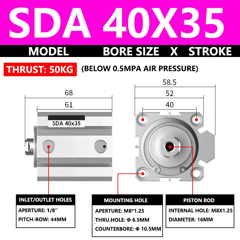 ABILKEEN SDA40X35 SDA Series Thin Air Cylinder 40MM Female Thread Bore X 35MM Stroke Double Acting Pneumatic Compact Cylinder