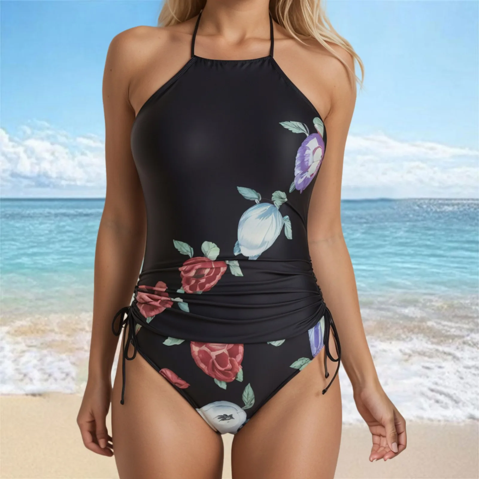 

Casual Stylish Women'S Two-Piece Swimsuit Retro Floral Print Bathing Suit Conservative Ruched Drawstring Side Neck Tankini Set