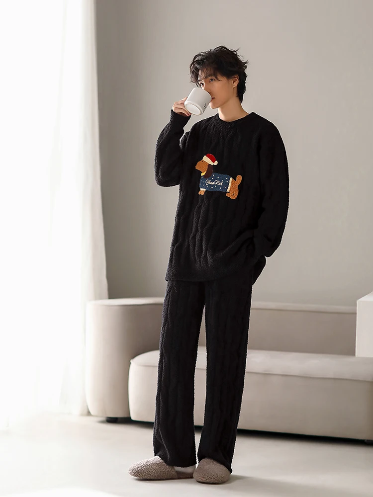 

YueNei Men's Winter Spwear f Velvet Coral Fce Plu Casual round Ne Home Clothes Long Pants Soft Polyester