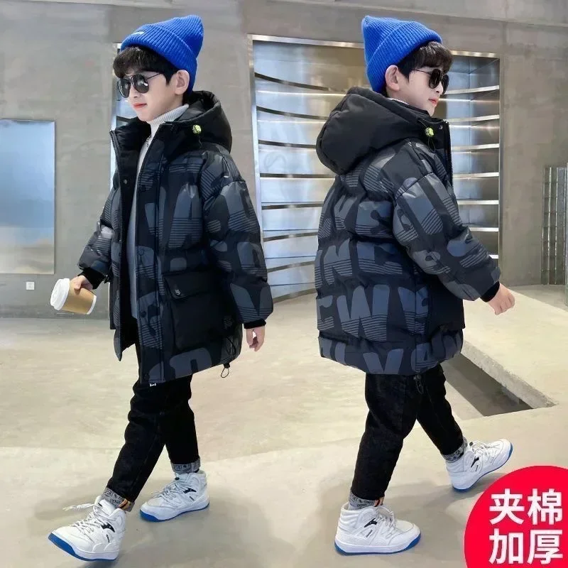 Winter Children Warm Outerwear Boys Letter Print Down Parka Coat Teenage Fashion Thicken Hooded Jackets Kids Outdoor Snowsuit