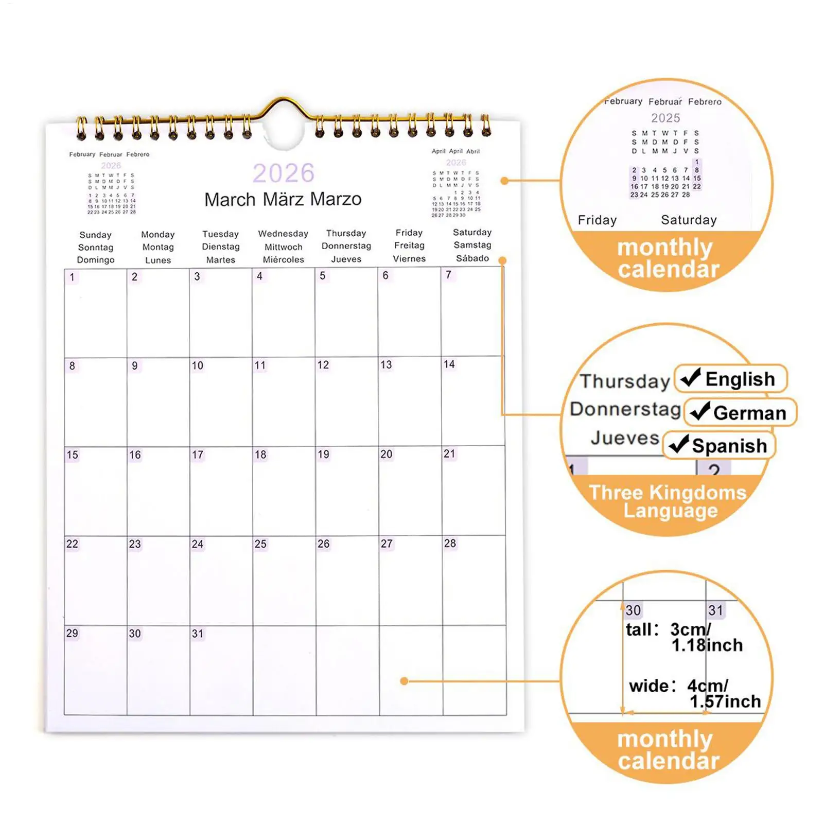 2026 تقويم حائط متعدد اللغات 12 شهرًا مخطط لفائف ديكور حديث لغرفة النوم شقة مستلزمات مكان العمل المدرسية #5