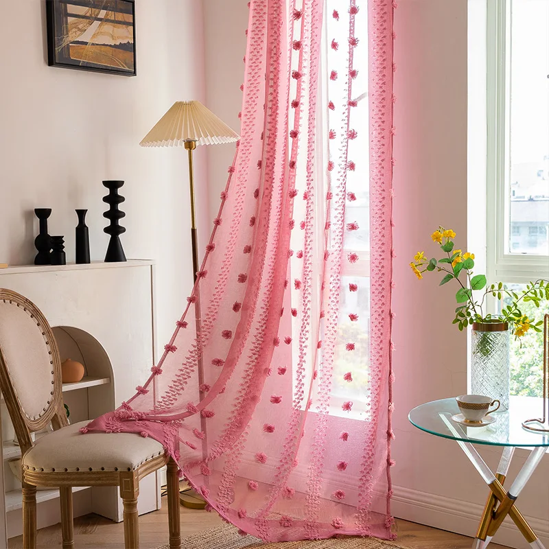 Bohemian Tufted Floral Embroidered Curtains Boho Style Voile Drapes Moroccan Living Room Bedroom  Transparent Tulle Curtain