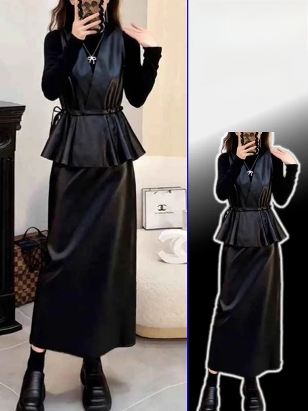 

Ele plus Size Women's Tee-Piece Set with Vest Base irt f Skirt Layering Faion Autumn Winter Casual Wear