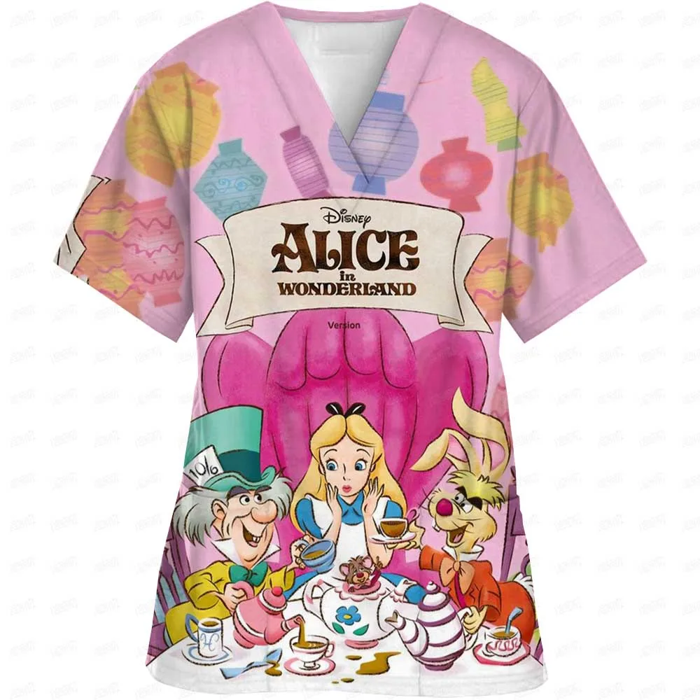 Disney Princess manga curta com decote em v enfermeira uniformes para mulheres, desenhos animados Workwear para salão de beleza e uniforme de trabalho