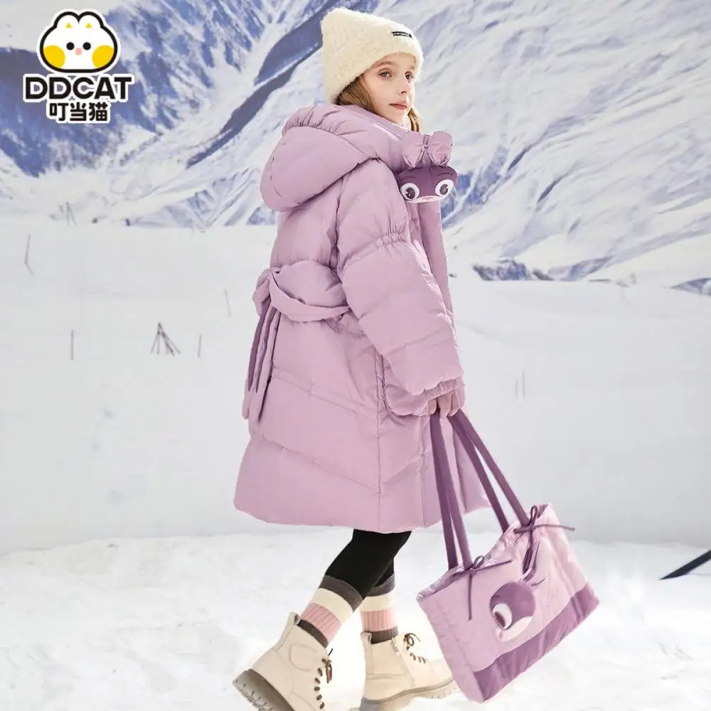 Cute Winter Anime Judy Rabbit Officer Girls' Long-Style Down Jackets Plush Hooded Thick Down Jacket Cartoon Kids Outdoors Jacket