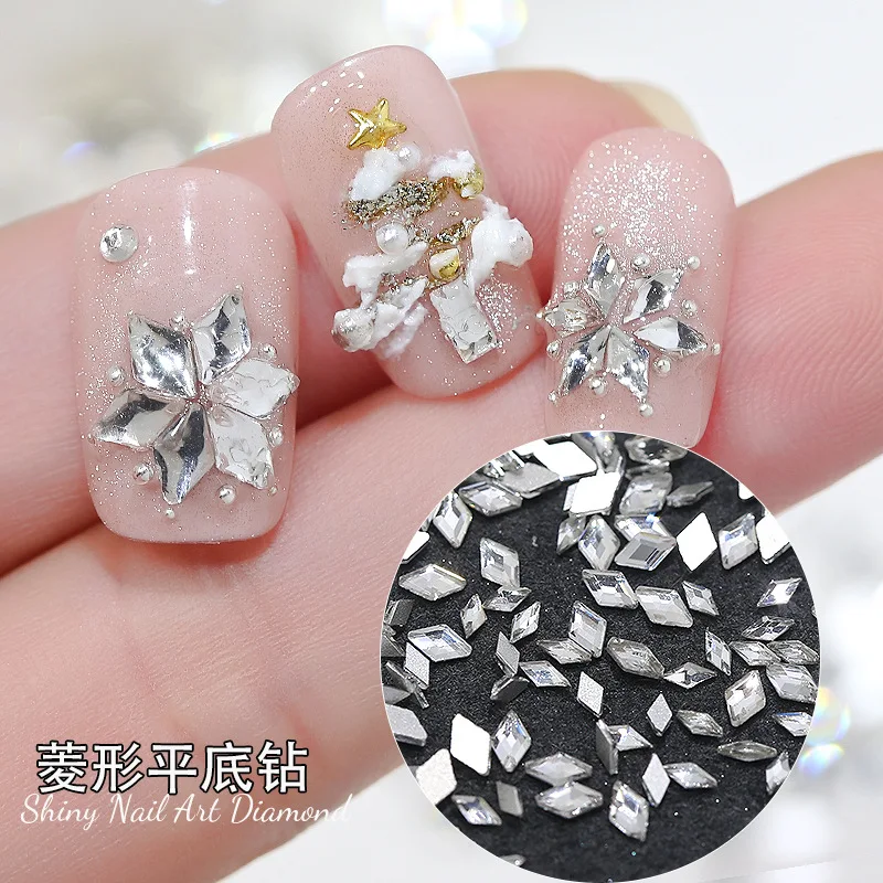 100개 반짝이는 투명한 흰색 미니 마름모 플랫백 다이아몬드 유리 네일 아트 라인스톤 눈송이 장식 매니큐어 참