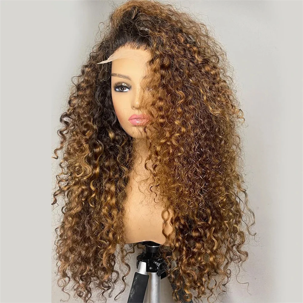 

Soft 26Inch Kinky Curly Ombre blonde 180Density Lace Front Wig For Black Women Babyhair Preplucked Heat Resistant Glueless Daily