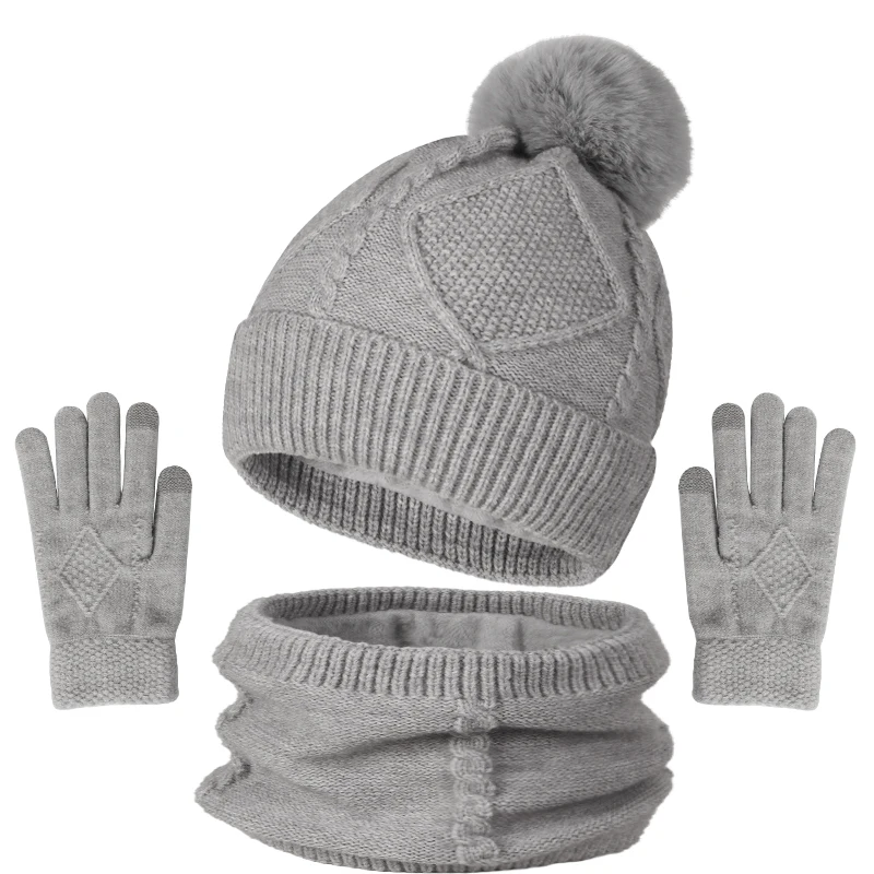 3종 여성 겨울 모자 스카프 터치스크린 장갑 털 볼 니트 비니 모자 넥 워머 세트 따뜻한 여성용 모자 십대 소녀 모자