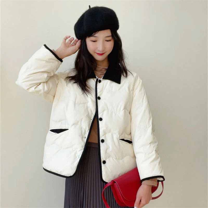 겨울 여성 느슨한 코튼 자켓 여성 새로운 대비 색 패치 워크 옷깃 자켓 한국어 간단한 두꺼운 따뜻한 긴 소매 파카