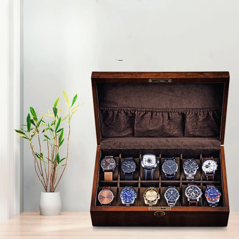 

Wooden Watch Storage Box with Lock Transparent Skylight Organizer for Bracelets Glass Wrist Watches Display