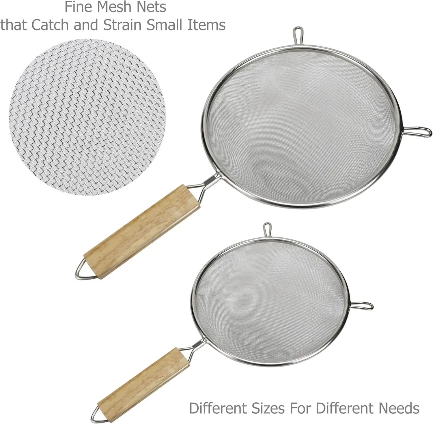 201Stainless Steel Fine Mesh Cooking Skimmers Food Strainers with Wooden Handle for Sifting, Draining and Rinsing Vegetables