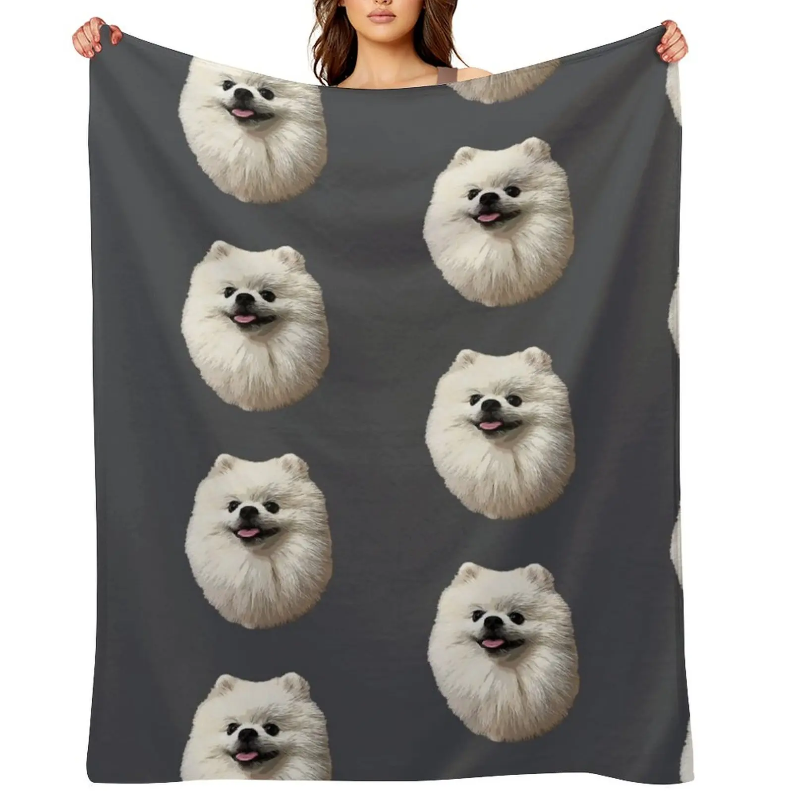 

Pomeranian Cute White Puppy Dog Throw Blanket Retros Tourist Flannel Fabric Summer Blankets