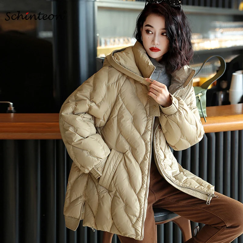 

Women White Duck Down Jacket Casual Over Size Autumn Winter Warm Outwear with Hood Luxurious Top