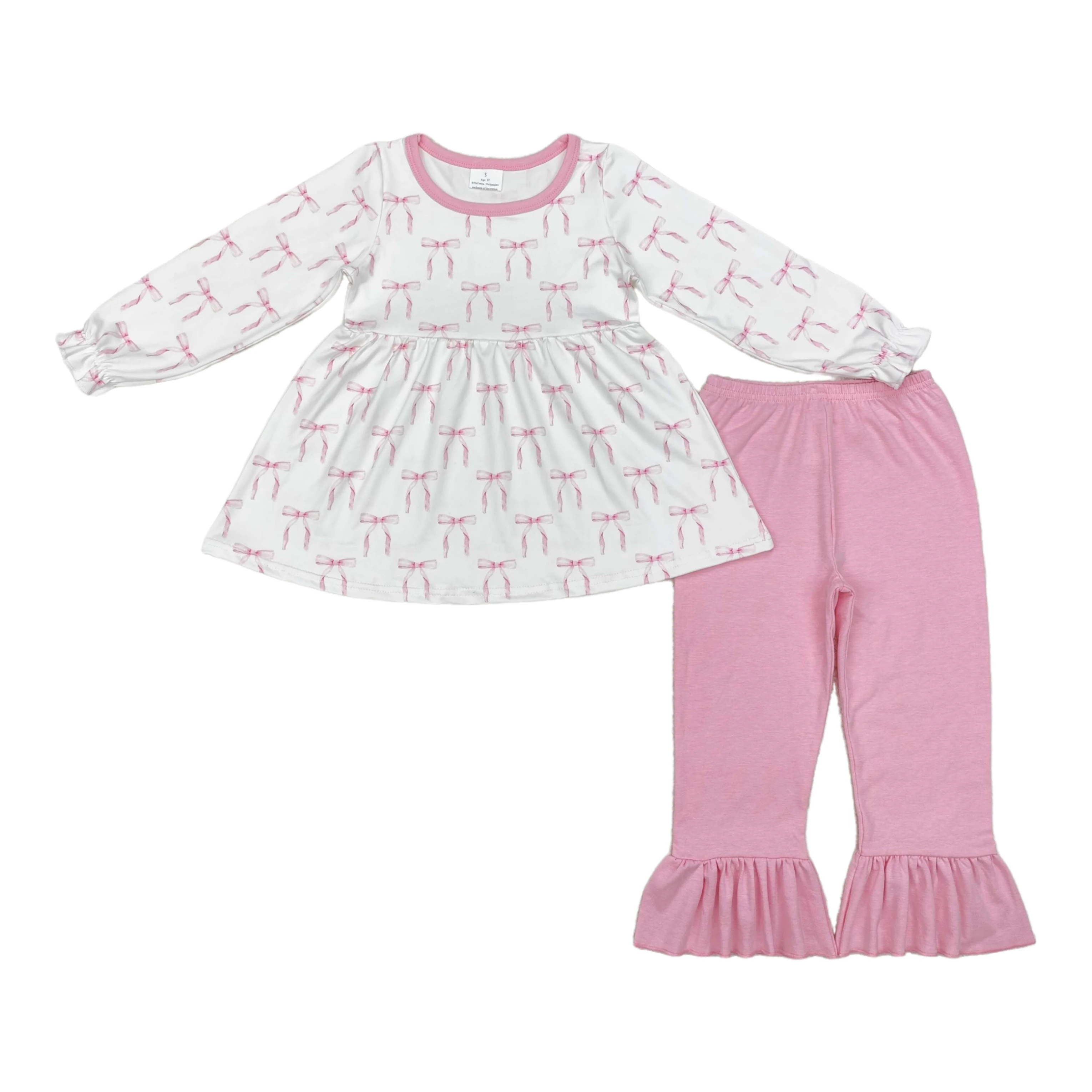 

Комплект для маленьких девочек, хлопковая детская одежда, наряд с длинными рукавами, детская розовая туника с рюшами, леггинсы с бантиками для малышей, брюки из двух предметов, оптовая продажа