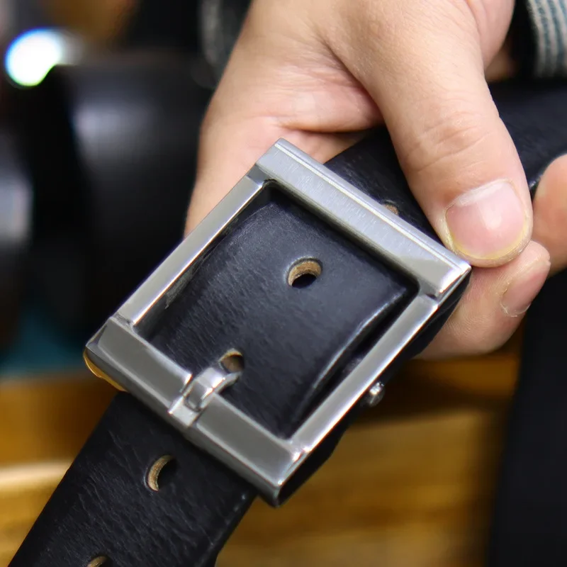 3,8 cm/1,5 Zoll dunkler Ledergürtel mit eingeriebener Oberseite, genarbtes Leder, verdickte Edelstahlschnalle, Herren-Retro-Casual-Taillengürtel