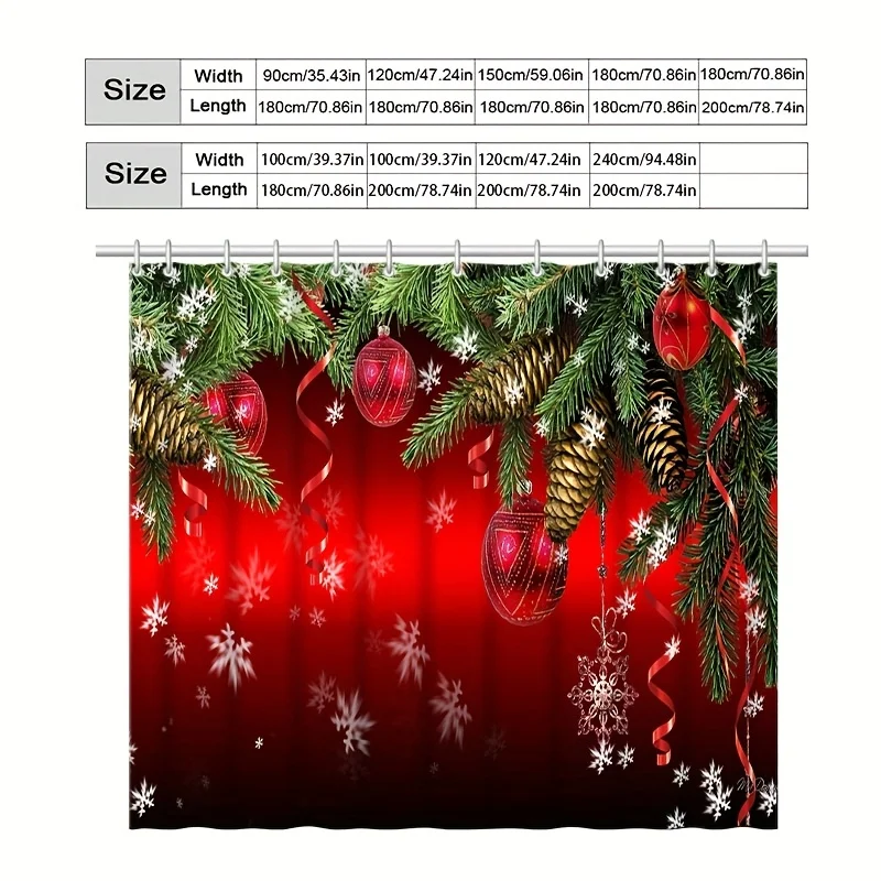 1pc Red Snowflake & Pine Branch Christmas Shower Curtain with Hooks - Winter Snowflakes on Red Background, Machine Washable Fabr