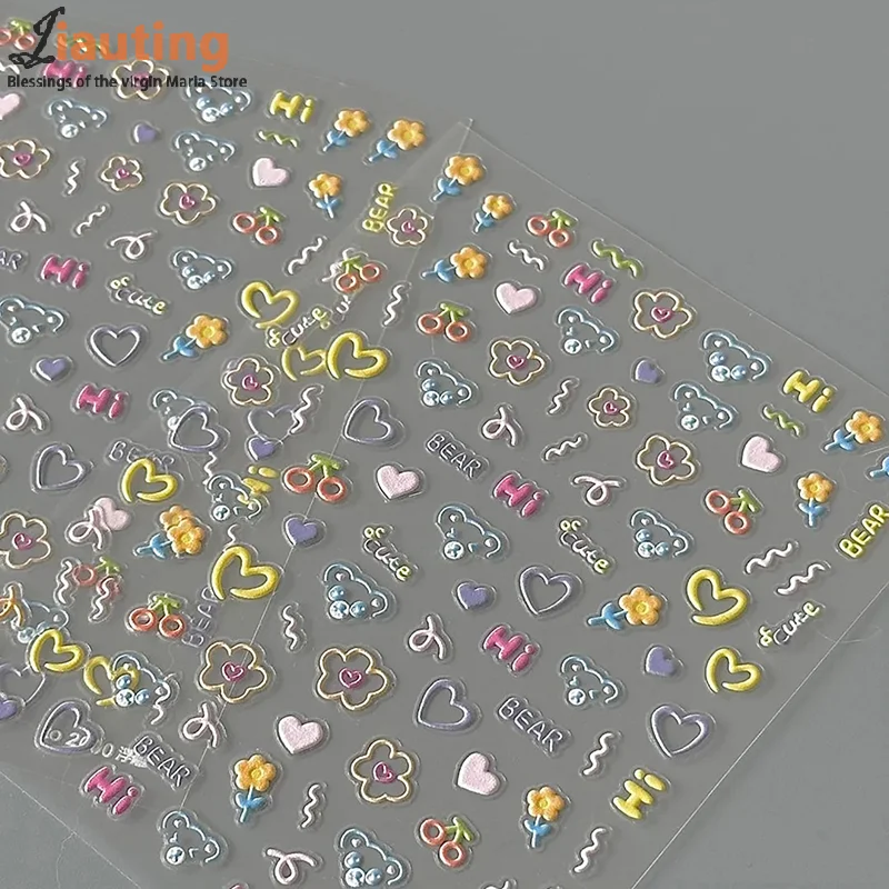 10 Lenzuola 5D Rilievo Orso Sveglio Unghie Artistiche Adesivo 8*10 CM In Rilievo Colorato Piatto Adesivo Decalcomanie Simpatico Orso Piatto Unghie adesivo