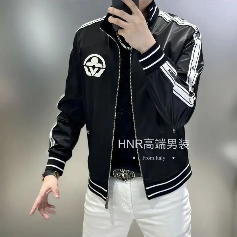 New men's stand-up neck webbing splicing letter printing pattern high quality trend casual versatile jacket