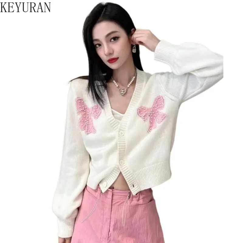 Autumn Winter Sweet Bow Beading Knitted Cardigan Women Vintage V-Neck Full Sleeve Sweater Korean Style Loose Short Knitting Tops