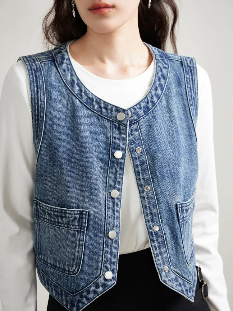 DUSHU Modern Retro Denim Vest Jacket for Women Spring Niche Style High-street Sense Versatile O-neck Vest Female 24DS81042