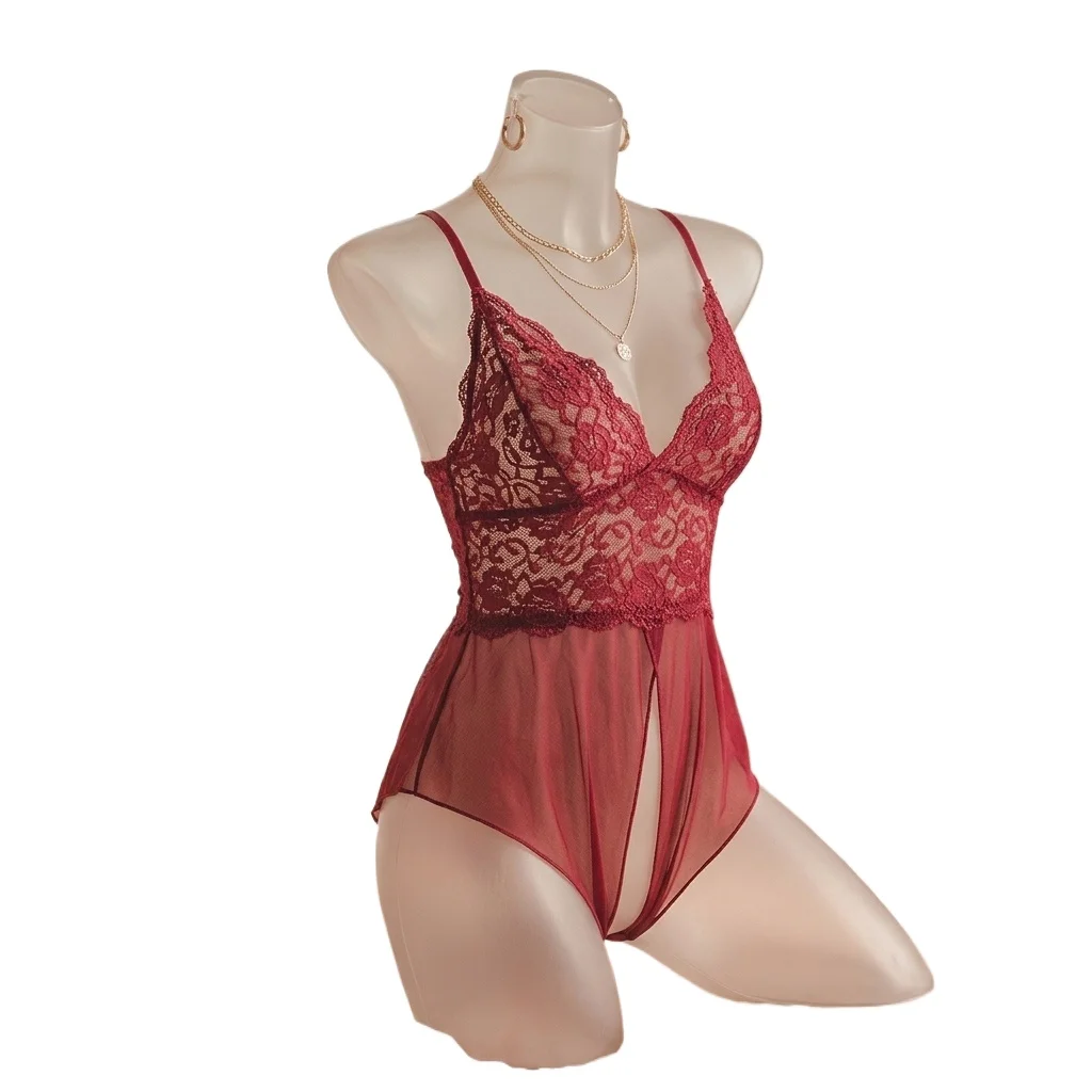 Women's Crotchless  Dress Night Open Nightwear Lace Backless Summer Thin Sleepwears Solid Color Bifurcation Pajamas