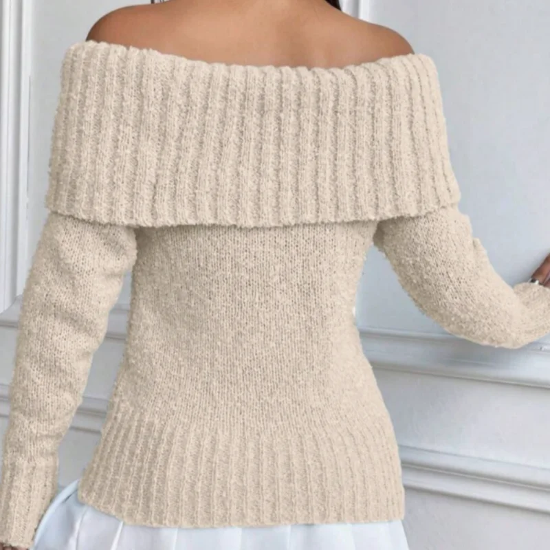 Women\'s sexy off-shoulder lapel sweater tops casual solid color long-sleeved pullover autumn and winter knitted pullover