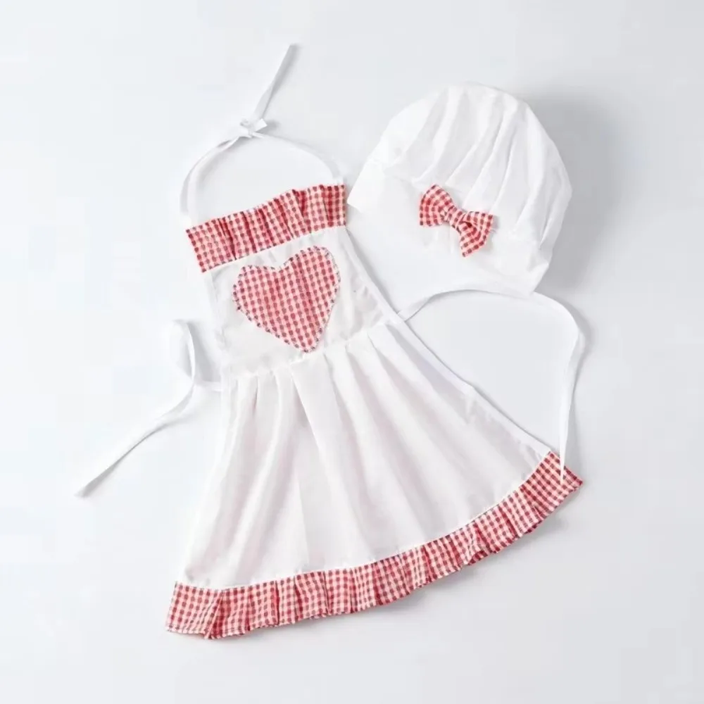 Red Gingham Baby Chef Costumes Heart Shape Costume Sets Infant Baker Outfits Studio Accessories Newborn Size Apron Hat Sets