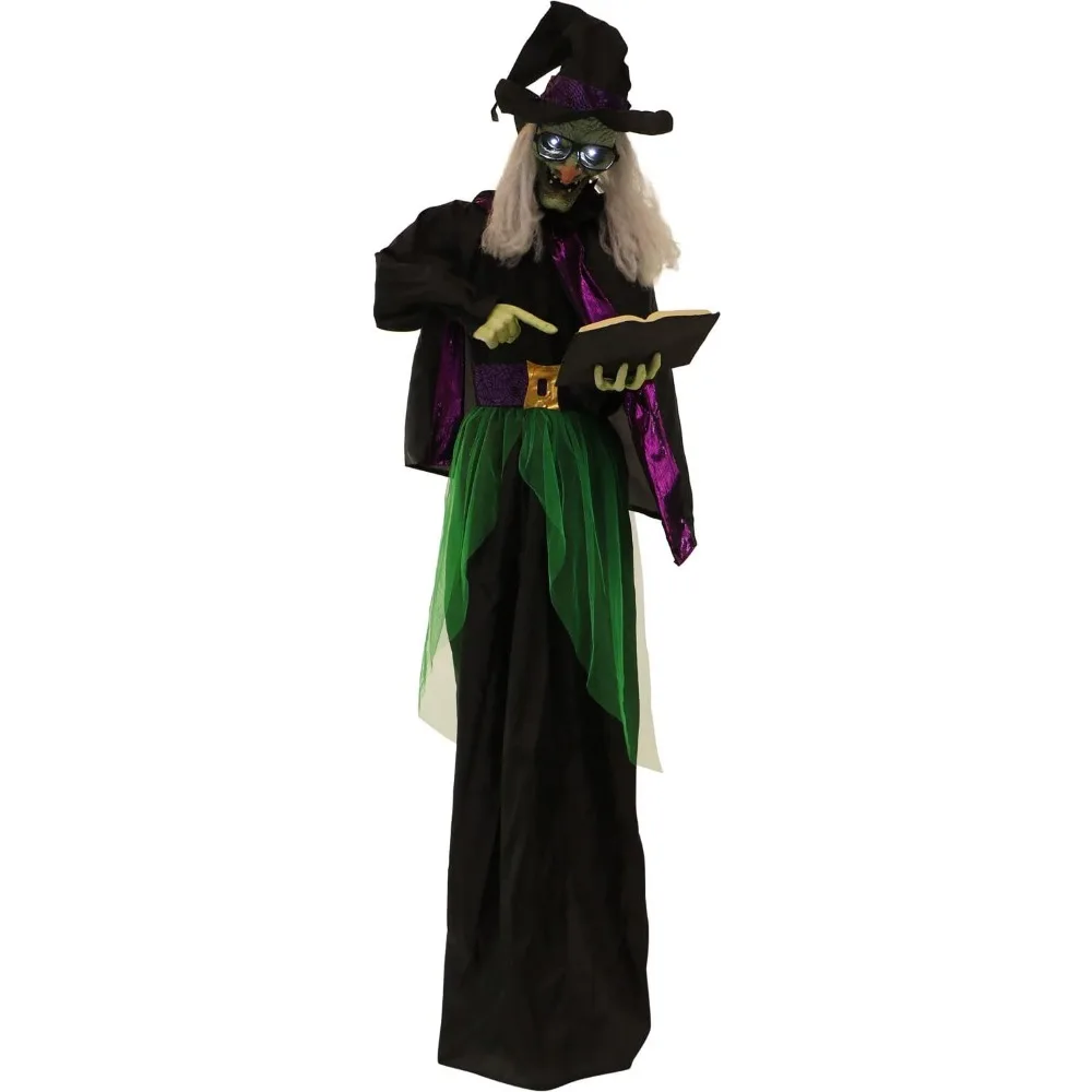 

Talking Witch Holding Spell Book, Halloween Animatronic with Touch Activated Lights and Sound, Battery Operated Indoor