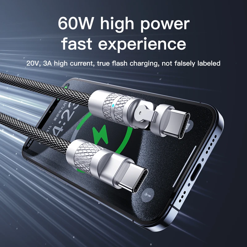 

180° Rotating USB C to USB C Cable 60W 3A Fast Charge Braided Cable For iPhone 16 Pro/15 Macbook iPad For Samsung Galaxy Xiaomi