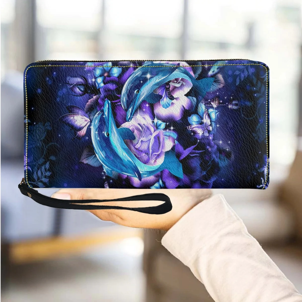 New Female Long Wristband Leather Wallet Rose Dolphin Pattern Luxury Design Clutch Multi Card Storage Coin Pouch Portefeuille