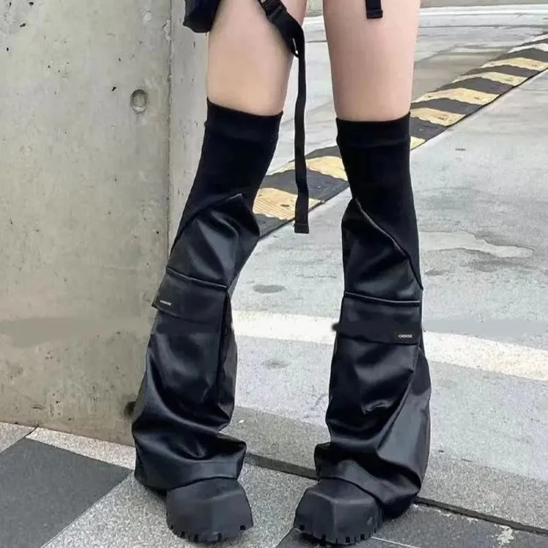 

Dark Hot Girl Leg Warmers Splicing Flare Long Socks for Women PU Leather Over Knee Leg Cover Black Pile Socks Harajuku