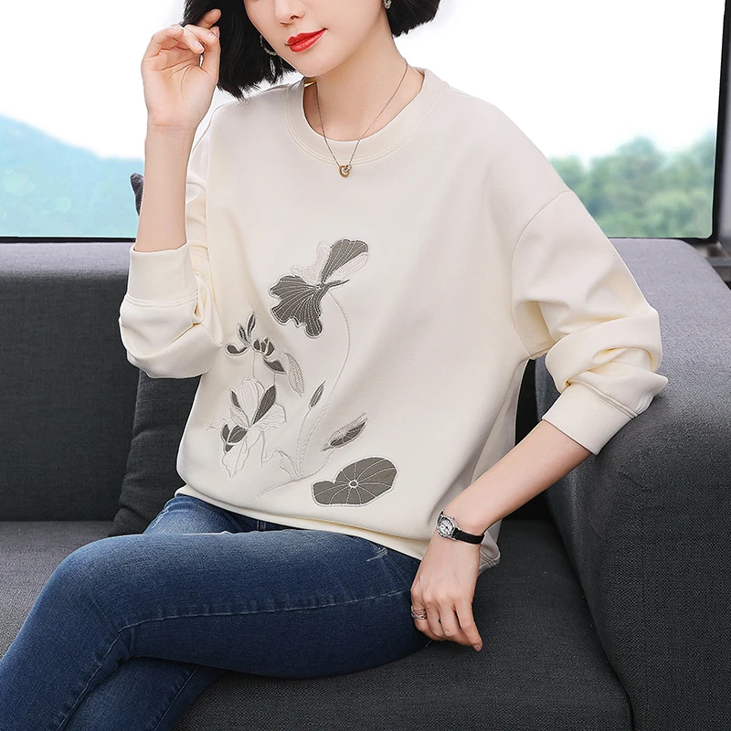 Spring Autumn Lotus Leaf Embroidered Women's Sweatshirt Korean Style Round Neck Long Sleeve Loose Casual Streetwear Hoodies Tops