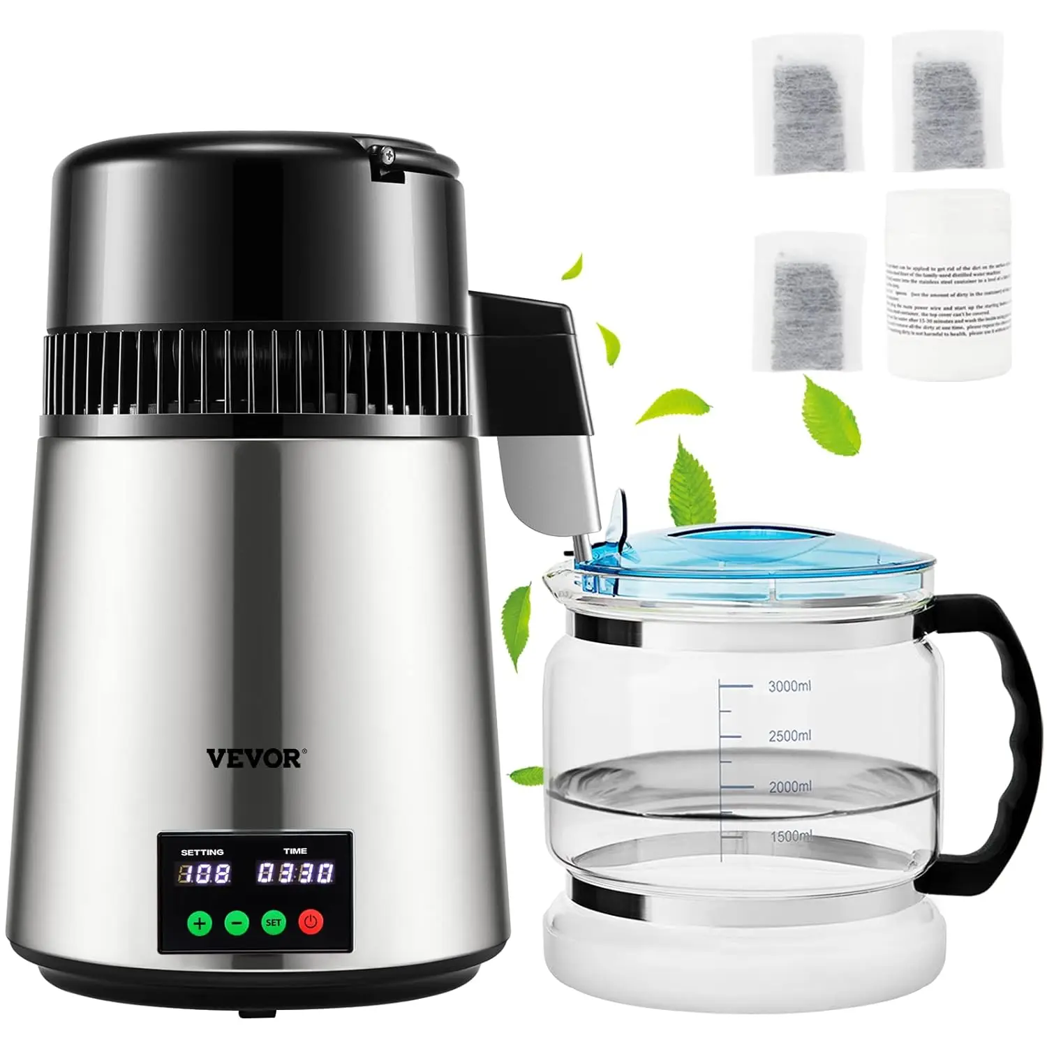 

1.1 Gal Water Distiller 0.3 Gal/H Distilled Water Maker Machine 750W 304 Stainless Steel Countertop Distiller Glass Carafe