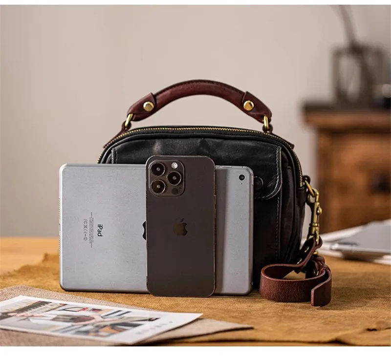 Organizer designer genuine leather men's handbag outdoor casual daily luxury handmade real cowhide shoulder crossbody bag