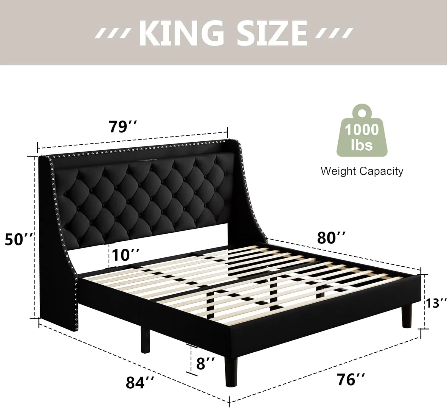 King Size Bed Frame with Luxury Wingback and Fast Charging Station,King Upholstered Button Tufted Storage Headboard Platform Bed