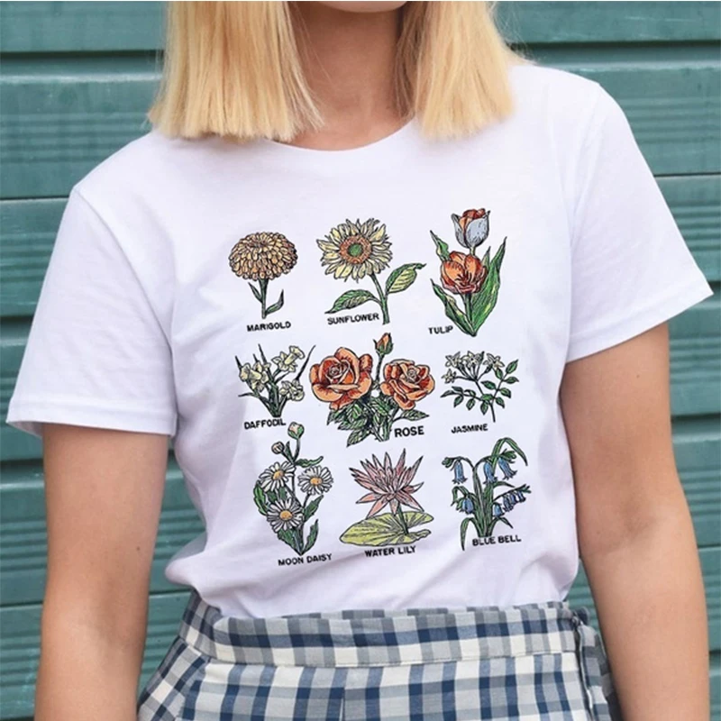 Retro Sunflowers Women T Shirt Harajuku Wildflowers Womens T-shirt Cotton Loose Graphic Tee Vintage Vegetables Plant Clothes Top