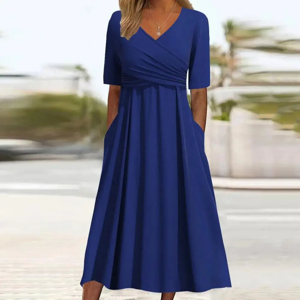 

Summer Women Dress Cross Pleated V Neck Short Sleeves Dress Big Swing OL Commute Style Mid-calf Length Lady Midi Dress