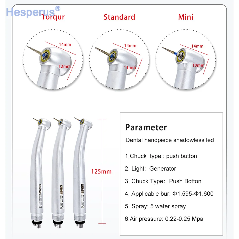 Custom Den tal Product LED Handpiece Toruqe 5 Way Spray Push Button Ceramic Turbine High Speed E-generator Dentisty Drills