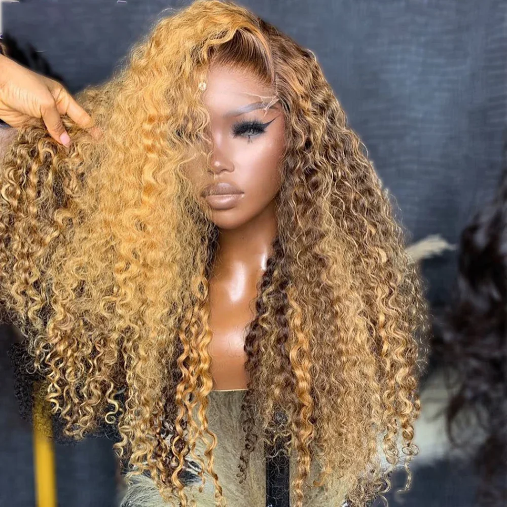 Glueless 26inch Highlight Blond Preplucked Natural Hairline Soft 180%Density Kinky Curly Lace Front Wig For Black Women