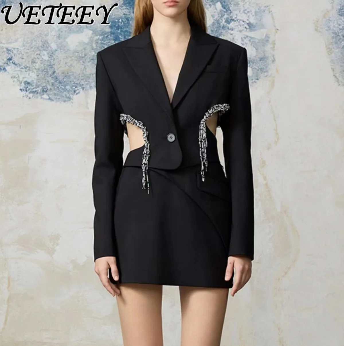 Black Suit Jacket for Women Spring and Autumn New Sexy Hollow-out Midriff Temperament Slim-Fitting Mid-length Blazer Coat