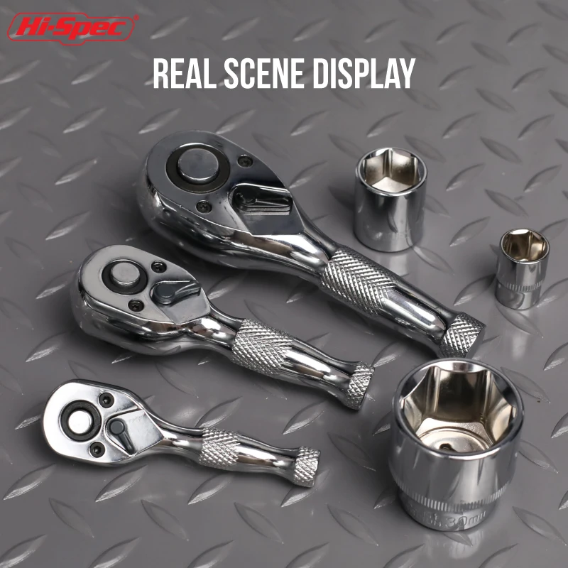 Hi-Spec 1/4" 3/8" 1/2" 72-Zahn Ratschenschlüssel-Set 2-in-1 Doppelkopf-Umschaltbarer Steckschlüssel Handwerkzeug für Autoreparatur und Heimwerkerarbeiten – Detail 3
