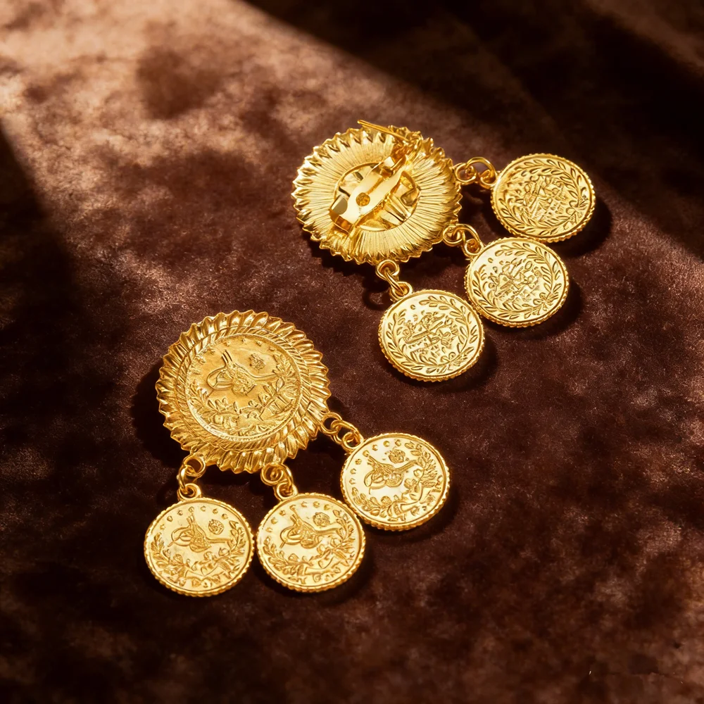Vintage Middle Eastern Turkish Coin Emblem Brooch Pendant, Retro Sweater Decoration Accessory