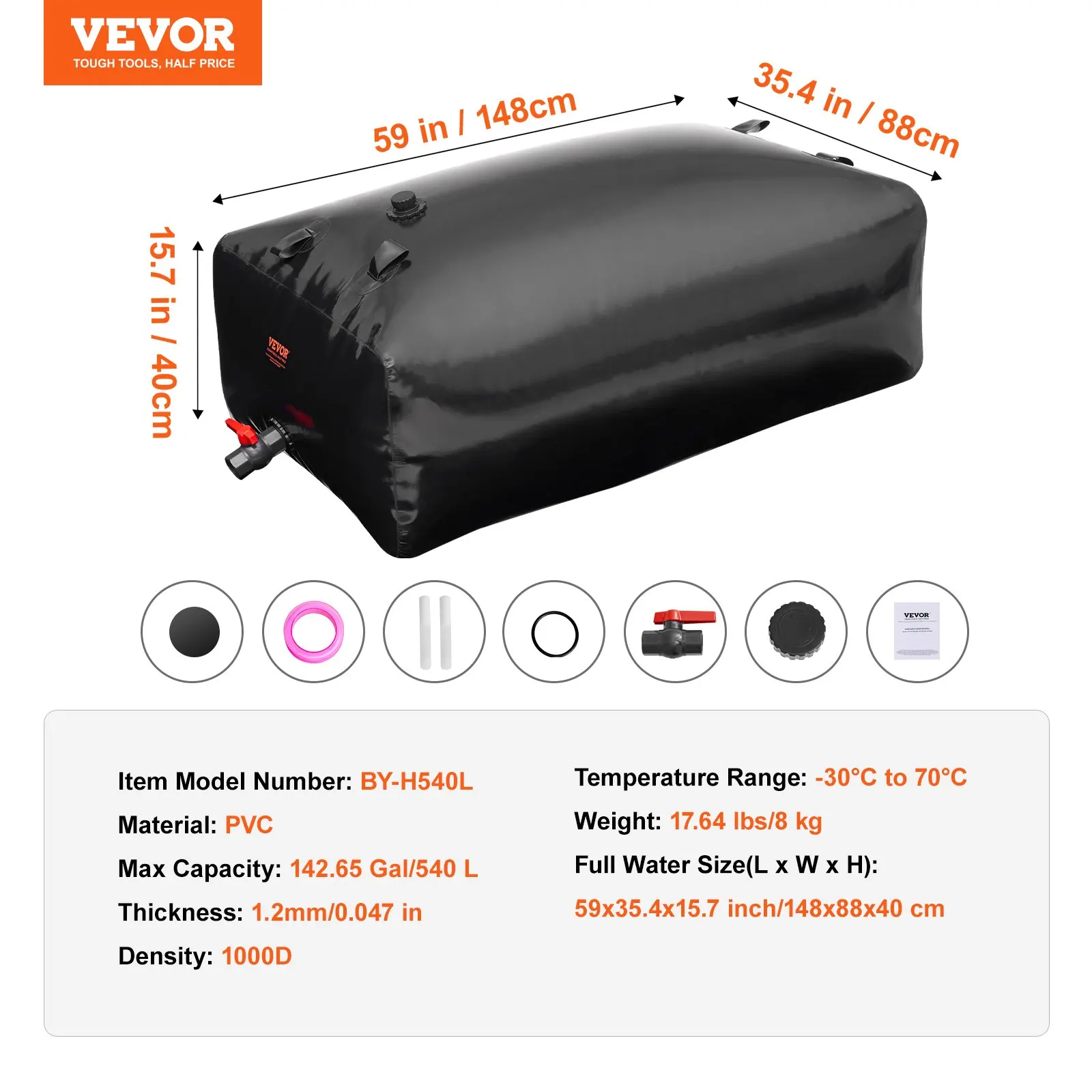 휴대용 물 저장 블래더 142.7 갤런 PVC 접이식 물탱크 블랙