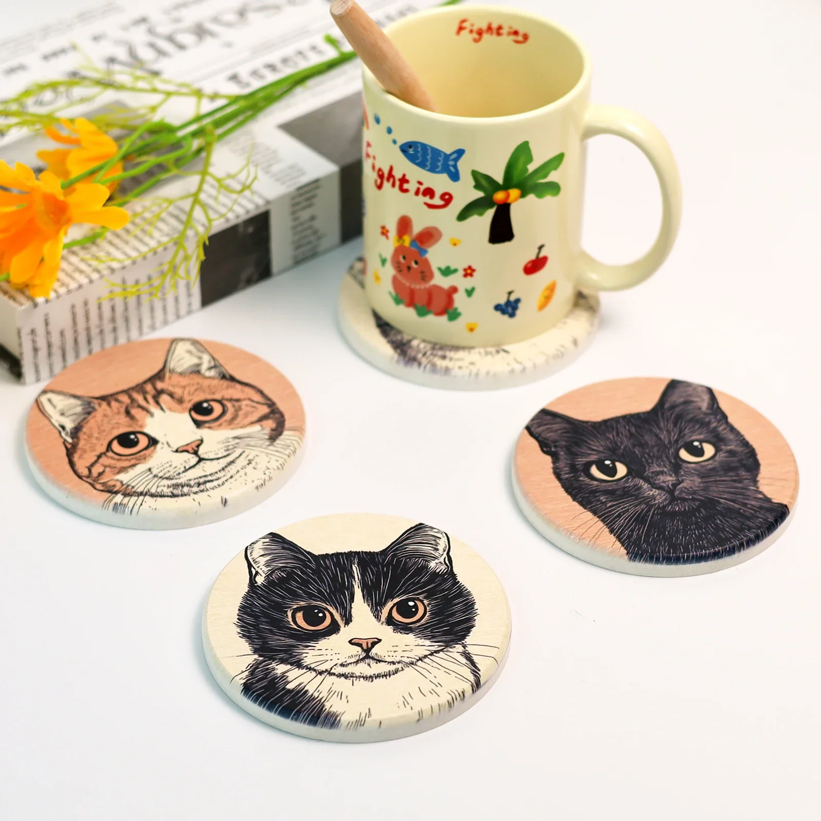 Round Coasters Ceramic Cat Cork Absorbent Insulated Table Protection Non-Slip Drinks Coffee Mat Kitchen Items Accessories
