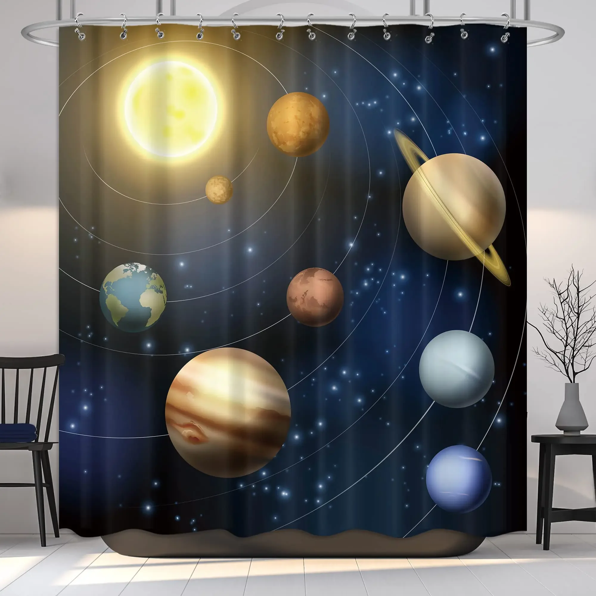 Planet Solar System Shower Curtain with Hooks Pack Universe Galaxy Space Educational Planetary Orbit Decor Fabric Bathroom Set